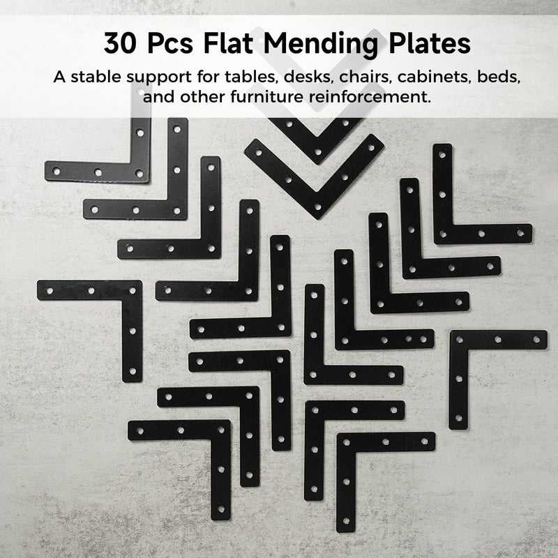 [Australia - AusPower] - Flat Corner Braces, 20 Pcs 3.15x3.15" L right Angle Braces Brackets, Flat Repair Mending Plates for Wooden Frames Beds Tables Cabinets Chairs, Joining Bracket Support Braces with 100 pcs screws, Black 