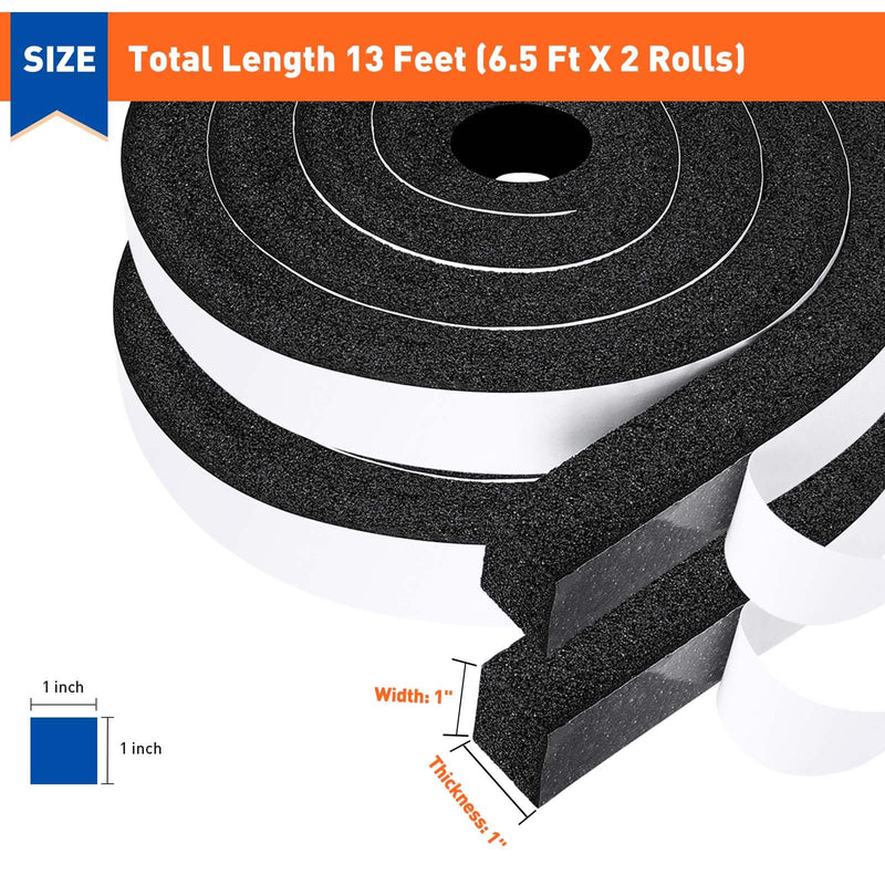 [Australia - AusPower] - MAGZO Adhesive Foam Weather Stripping 1 Inch W X 1 Inch T, Air Conditioner Window Seal Open Cell High Resilience, Total Length 13 Feet (6.5ft x 2 Rolls) 1in x 1in x 13FT 