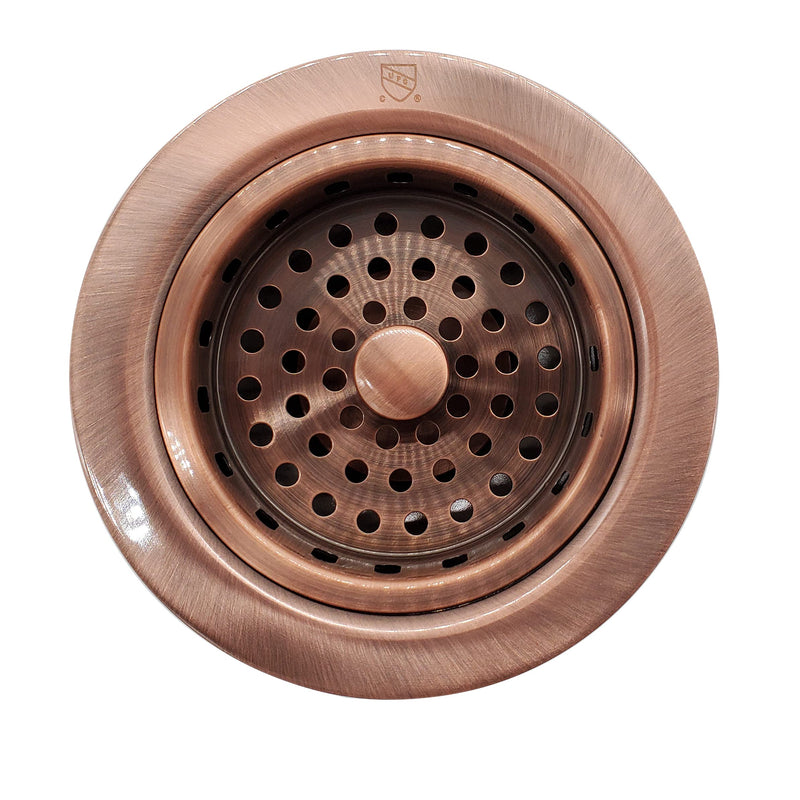 Westbrass A2165-11 4-1/4" OD Post Style Large Kitchen Basket Strainer with Waste Disposal Flange and Stopper Drain Set, Antique Copper