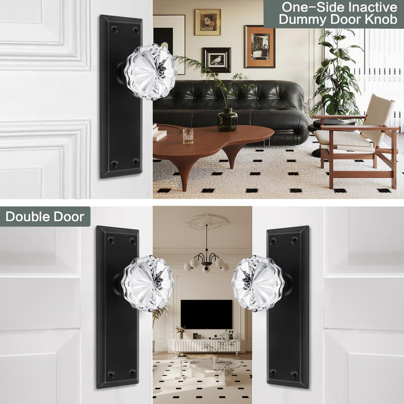 Single-Side Glass Dummy Door Knobs, Inactive Door Knobs for Closet, Antique Bifold Door Knobs Replacement, Crystal Dummy Door Handles, Matte Black, 2 Pack Dummy(2 Pack)