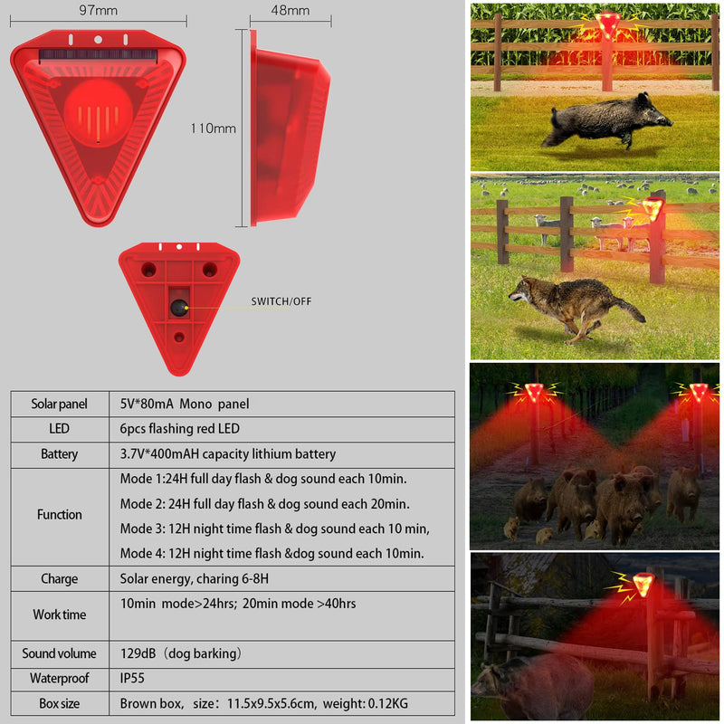 [Australia - AusPower] - Solar Sound and Light Alarm: 129db Dog Barking & Gunshot Sound,6 LEDs Flash Warning Strobe Alarm System,Siren Sound Alarm,4 Modes Warning Strobe Flashing Light 