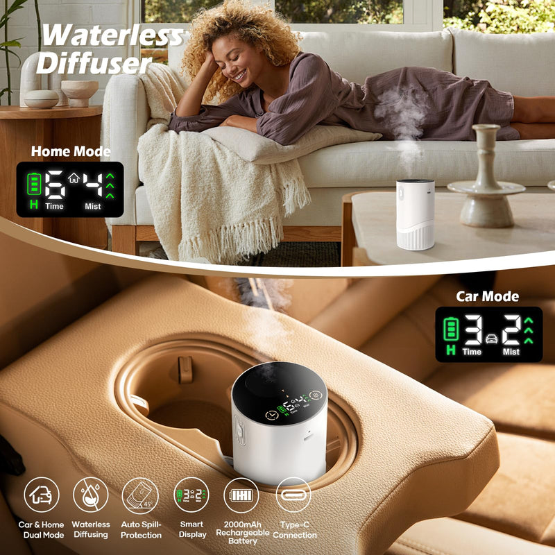 [Australia - AusPower] - Waterless Diffuser for Essential Oil-Aroma Scent Diffusers for Home Car Mini Aromatherapy Nebulizer Battery Operated Small Air Diffuser Machine 4 Mist Level 1/2/3/4/6H Timers Auto-off for Hotel 5-20ML 