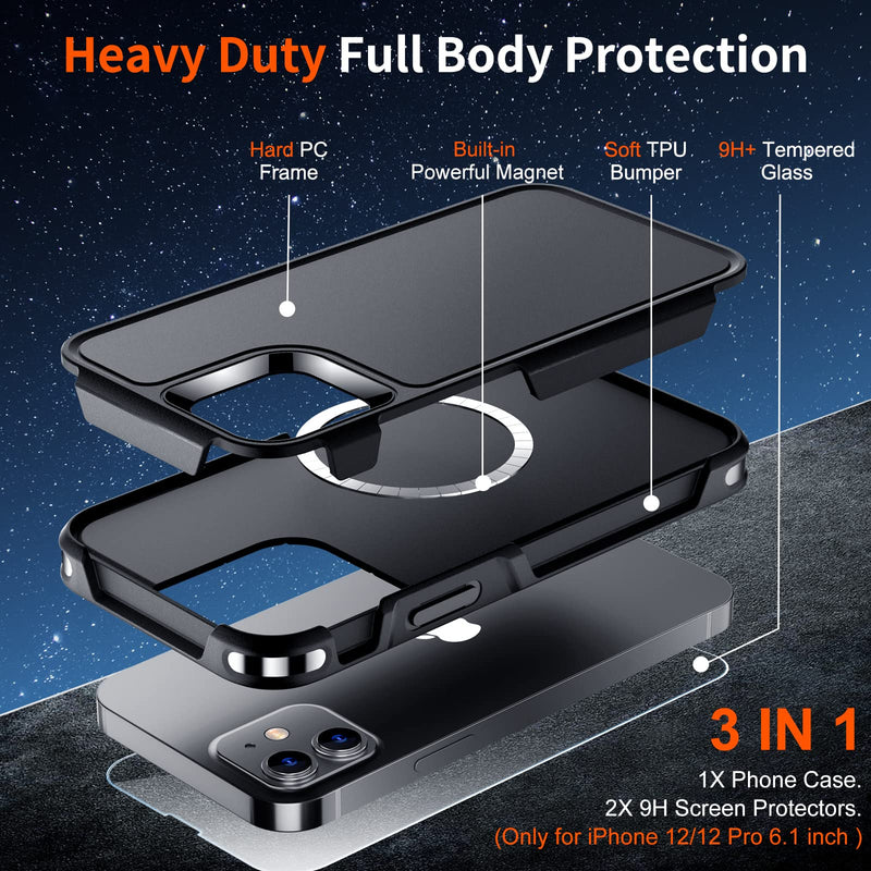 [Australia - AusPower] - SUPFINE Magnetic for iPhone 12 Case/iPhone 12 Pro Case, [Compatible with MagSafe] [10 FT Military Grade Drop Protection] 2X [Tempered Glass Screen Protector] Phone Case for iPhone 12/12 Pro, Black 