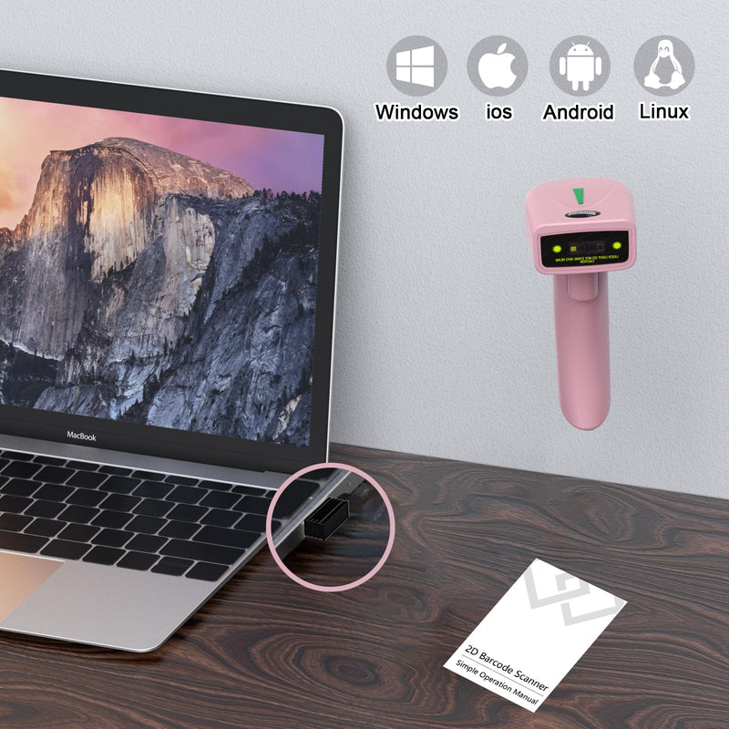 USB Wireless Barcode Scanner,Symcode Handheld Laser 1D Bar Code Reader Scanner (2.4GHz Wireless & USB2.0 Wired) Rechargeable Cordless 1D Barcode Scanner 1D Wireless Scanner Pink