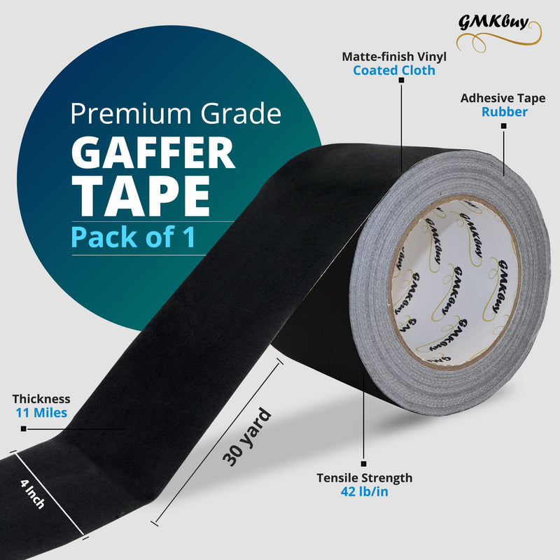 4 in x 30 Yd Black Gaffers Tape – Heavy Duty, Non-Reflective, Easy to Tear, Waterproof Matte Gaffer Stage Tape – Gaff Cloth Tape for Photography, Filming Backdrop & Production 4 Inch x 30 Yards - [1 Pack]