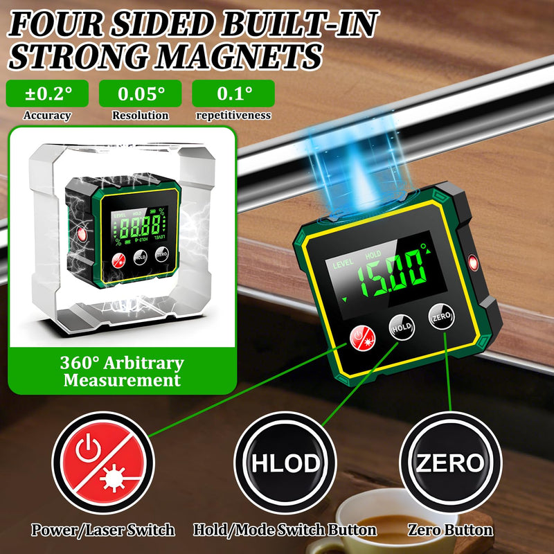 [Australia - AusPower] - Digital Protractor Inclinometer Laser Spirit Level with LCD Display, USB Rechargeable Digital Levelling Box Angle Finder, IP54 Magnetic Levelling Box Level Box for Woodworking A 
