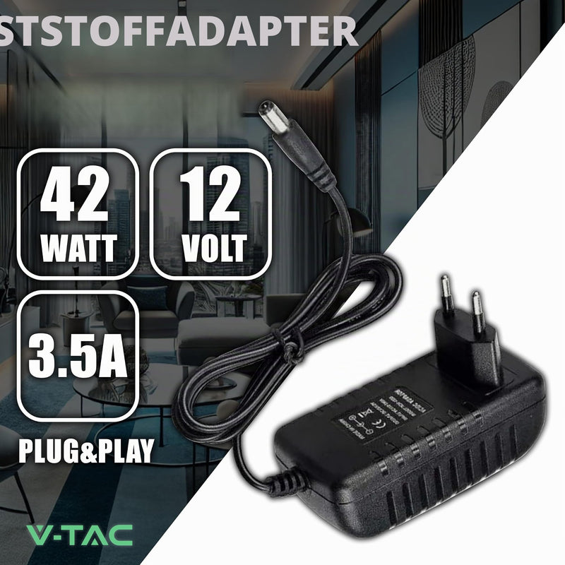 V-TAC Power Supply Adapter 12 V 42 W 3.5 A for Cameras, LED Strips, Modem - Transformer 12 V - Power Adapter for Screens and Electronic Devices - Input AC 100-240 V - Euro Plug 42 watts