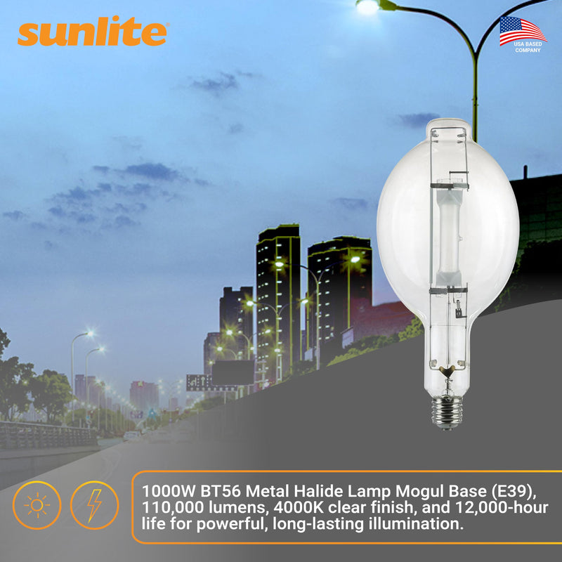 Sunlite 03681-SU MH1000/U/BT56 M47/S Metal Halide Lamp, 1000 Watts, Mogul Base (E39), BT56, 12,000 Hours Life, 110,000 Lumen, Clear Finish, 4000K 1 Count (Pack of 1)
