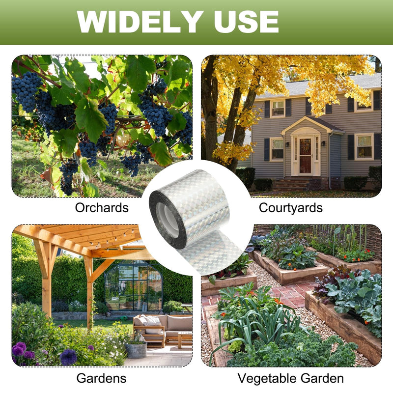 MECCANIXITY 262ft Long 2" Wide Silver Dual Side Reflective Holographic Flash Bird Scare Tape Ribbon to Keep Birds Away, Hang Tie on Garden Farm Orchards Balcony Patio Yard Fence, Checkered 262.4ft x 2in