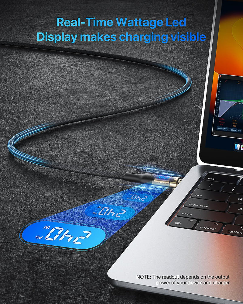 SOOPII 240W USB C to USB C Cable[10ft 2-Pack],Fast Charging USB C Cable with LED Display for MacBook Pro,lPhone16/15/15Pro/15ProMax,Galaxy S23+/S23Ultra/S22,etc,Transparent Shell,(Black) 10FT 2Pack Black
