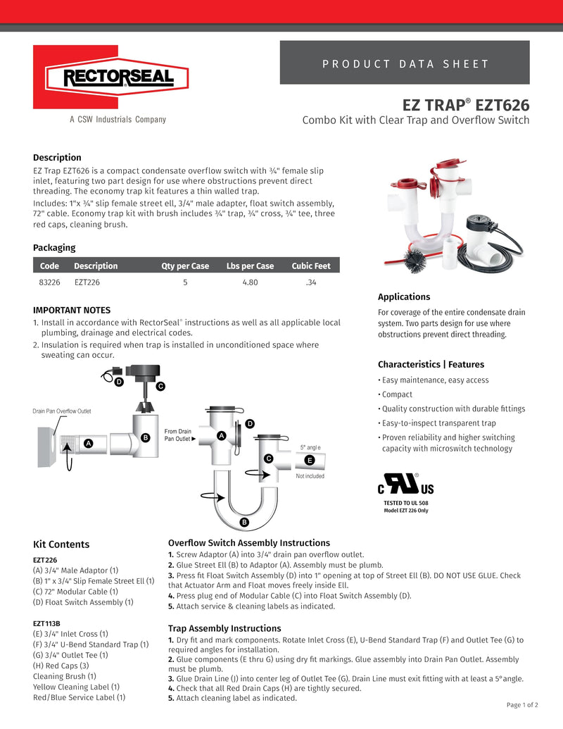 [Australia - AusPower] - RectorSeal EZ Trap 83626 Combo Kit with Clear Trap and Overflow Switch with Brush, 600 Series, for Light Duty Applications, Easy Installation, HVAC, 3/4"" w/48 Cable 