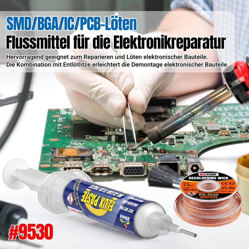 Rosin Soldering Pastes Flux (10 cc Syringe) with Desoldering Wire (3 m / 10 ft 2.5 mm) for Electronics Soldering Repairs Kit