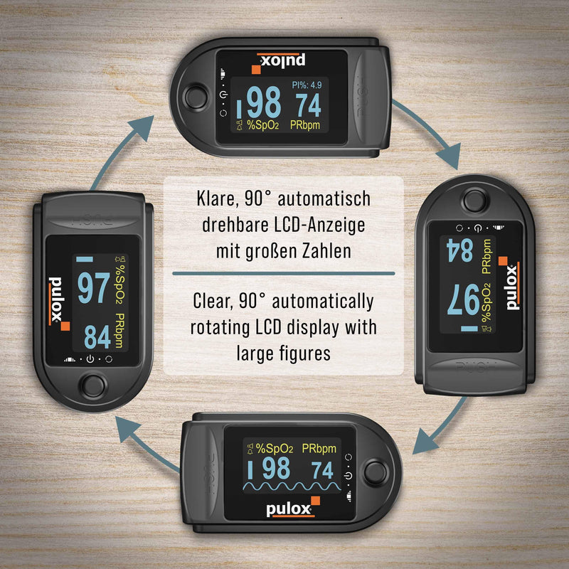 Pulse oximeter PULOX PO-200A with switchable alarm function and pulse tone incl. Accessories *Colour selection possible, black | With pulse sound, warning function and accessory kit to control oxygen saturation, heart rate and perfusion index