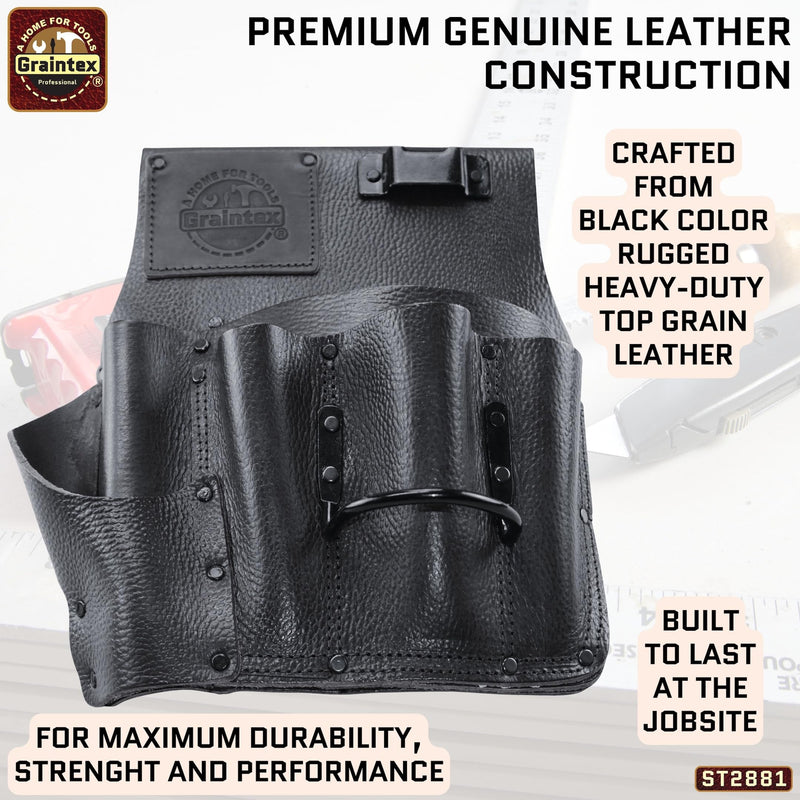 Graintex Drywall Pouch Heavy Duty Top Grain Leather, Steel Hammer Holder, Drywall Tool Belt, Framers Tool Pouch, Construction, Carpenter, Electricians, Ideal for Tradesmen Black Rugged Right Handed