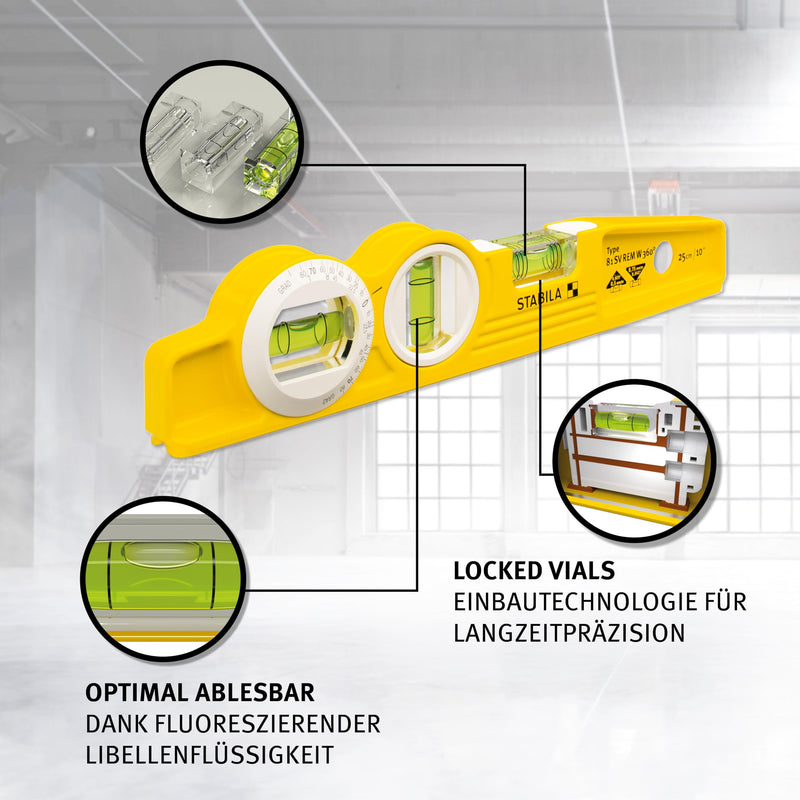 STABILA Magnetic Spirit Level Type 81 SV REM W360 Torpedo with Bag, 25 cm, Cast Aluminum Profile, Rare Earth Magnetic System, 1 Six-Ring Horizontal/1 Vertical/1 Angle Level Made in Germany With magnet, belt bag and 360° angle level