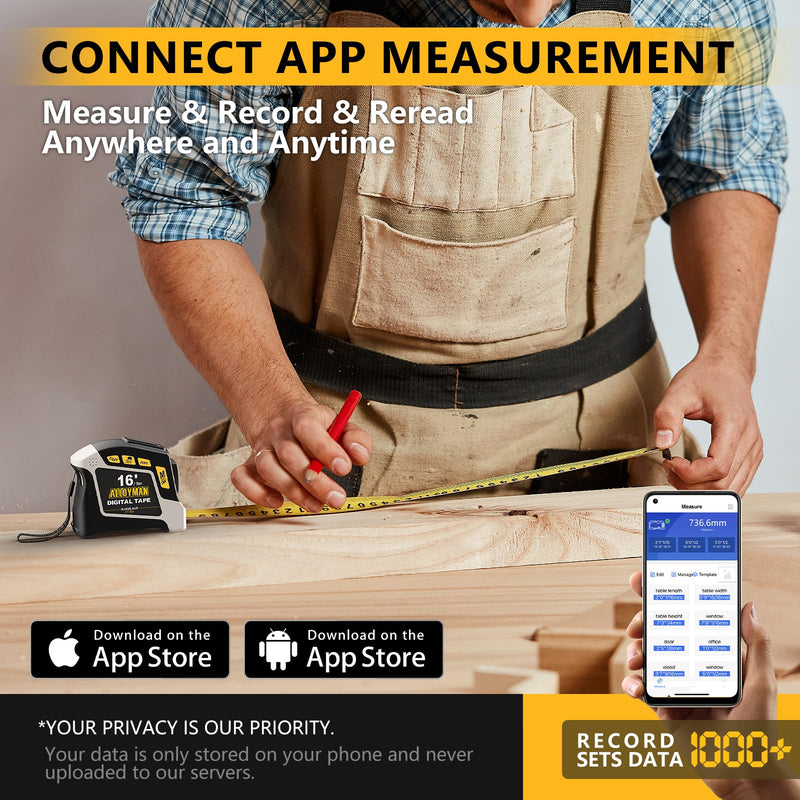 [Australia - AusPower] - Alloyman 2-in-1 Digital Tape Measure, 16Ft Measuring Tape, 50 Groups Historical Memory, 6 Units Switch, 4 Measuring Modes, Auto Lock with Movable Magnetic Hook, Waterproof & Drop Proof, App Sync 