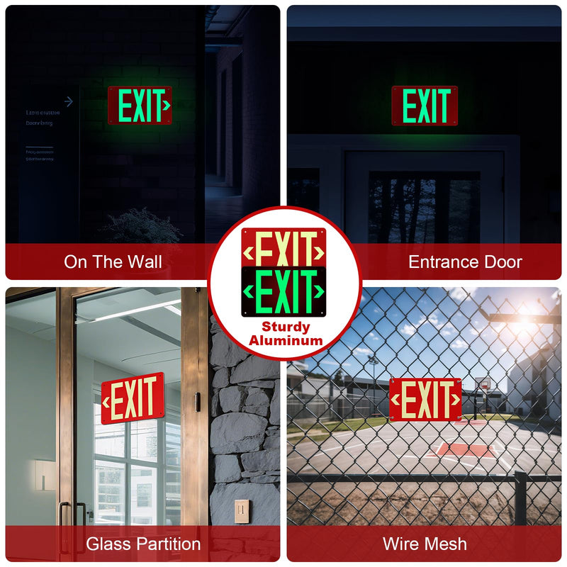 Photoluminescent Aluminum Exit Sign Red Glow in The Dark, 12x7 In Self-Adhesive Backing Emergency Exit Sign Sticker with Removable Arrows, Non-Electrical for 50 Feet Visibility (1 Pack) 1 Pack
