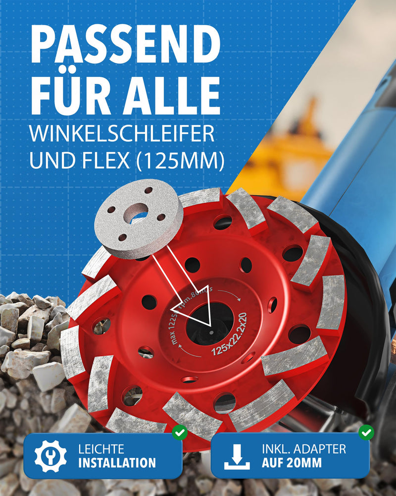[Australia - AusPower] - Concrete Grinder [125 x 22.2 x 20] Concrete Mill, Sanding Disc 125 mm, Screed Grinder - Grinding Disc for Concrete Processing, Diamond Cup Wheel for Extraction, Refurbishment Miller, Cup Wheel Cup wheel rotated 