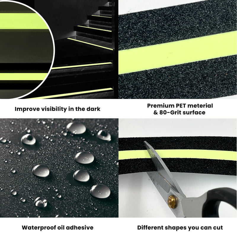 Daily Treasures 2 Pack Anti-Slip Grip Tape Glow in Dark, 2"×16Ft Luminous & 1"×16Ft All-Luminous Stair Non Slip Adhesive with A Roller,PET High Traction Grit Tapes for Stairs Steps Indoor&Outdoor
