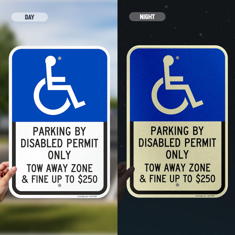 SmartSign Basics 18 x 12 inch “Parking By Disabled Permit, Tow-Away Zone” Handicap Parking Sign, 120 mil Aluminum Composite (ACM), Engineer Grade Reflective Material, Blue/Black on White, USA-Made blue, black and white