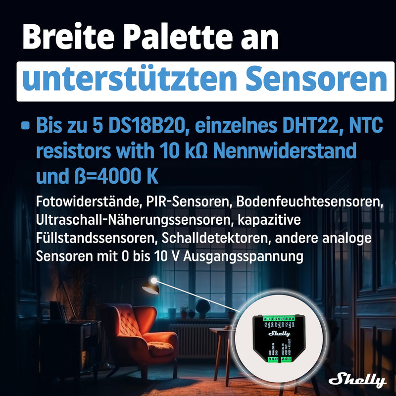 Shelly Plus Add-On - Add-On for Shelly Plus, Gen3 & Gen4 Devices, Interface for Temperature and Humidity Sensors, DS18B20, DHT22 & Arduino Sensors, Analogue and Digital Input 1er Pack