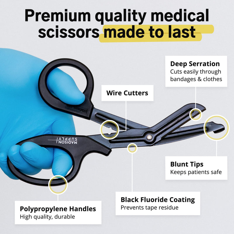 [Australia - AusPower] - Madison Supply Medical Scissors, EMT and Trauma Shears - 7.5 Inch Premium Quality Stainless Steel Bandage Scissors - Premium Medical Shears - Fluoride-Coated with Non-Stick Blades - 2 Pack (Black) 2-Pack Black Handle/Black Coated Blades 