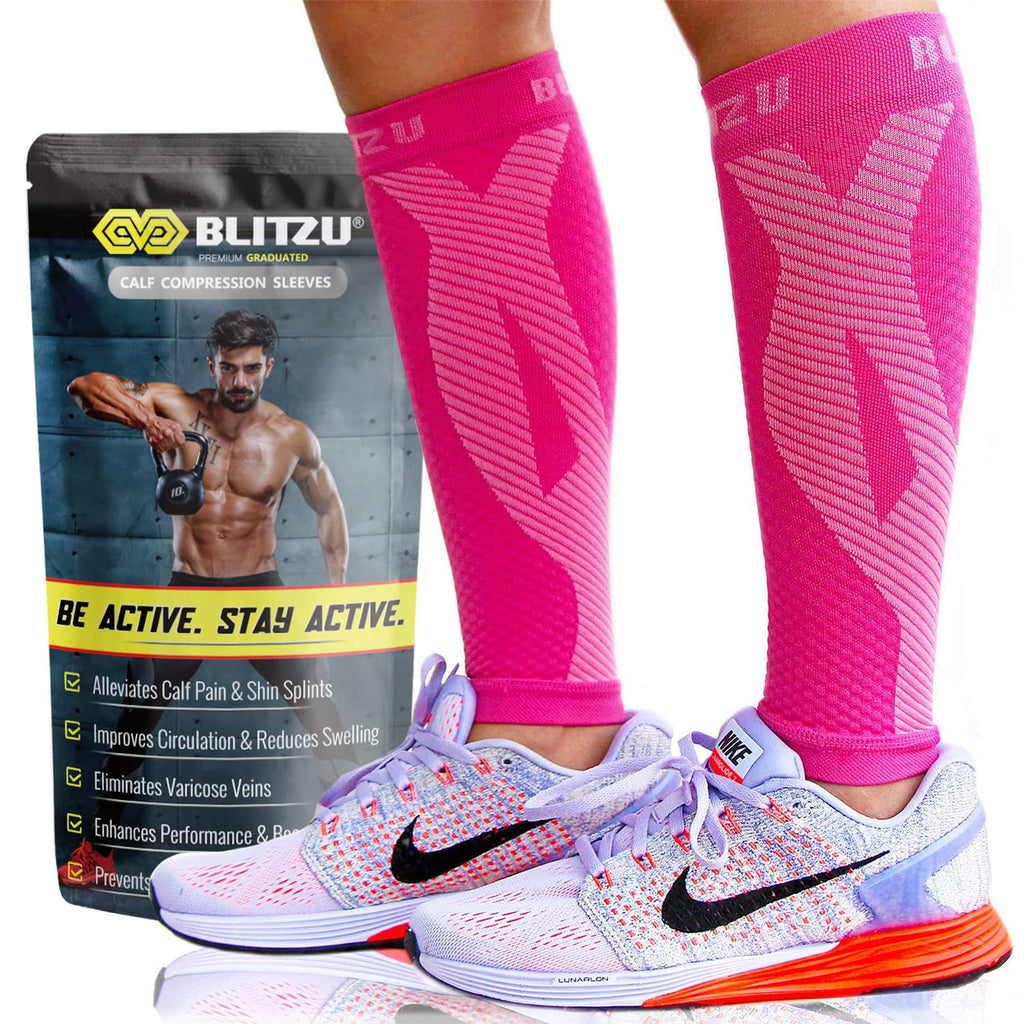 BLITZU Calf Compression Sleeve for Men & Women Footless Compression Socks Support Runners Leg Sleeve Shin Splints Pain Relief Pink Small/Medium