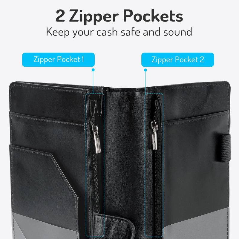 [Australia - AusPower] - Server Book High Volume, Expandable Server Books for Waitress, Waiter Book, Sturdy Leather Waitress Book with 2 Zipper Pockets and Magnetic Pocket, Server Books Booklet Fit Server Apron (Black) Black 