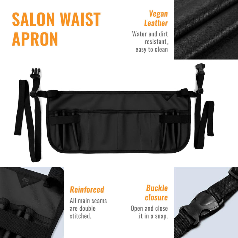 Under NY Sky Salon Waist Apron - Vegan Leather - 9 Pockets, 3 Loops - Hair Cut Holster for Tool Storage, Shears, Brush, Trimmer - Belt Pouch - Hair Stylist, Makeup Artist, Barber, Cosmetology - Black Waist Apron Black