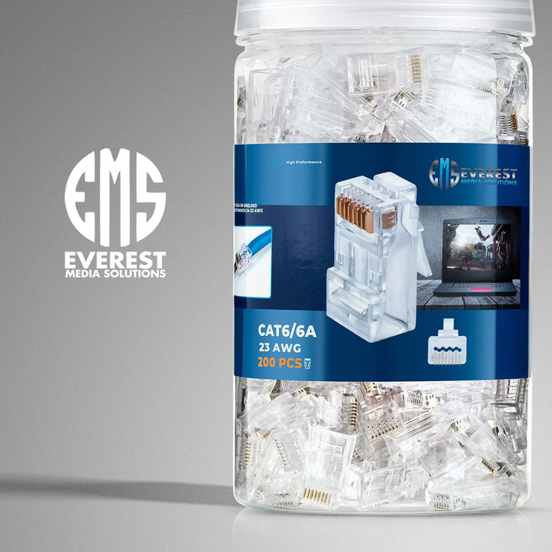 Everest Media Solutions RJ45 Cat6/6a Pass Through Connectors for a Thick 23 AWG Large Diameter UTP Network Cable, 200 Pcs | Insert Guides Included Quantity 200