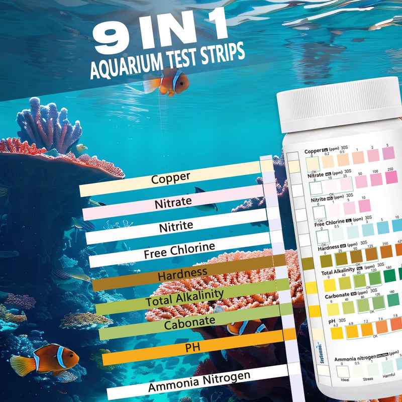 [Australia - AusPower] - Aquarium Test Strips for Fish Tank: 9 in 1 Aquarium Ammonia Test Strips for Fish Tank - 125 Counts Aquarium Water Test Kit Testing Ammonia Nitrogen, Copper, pH and More 9 in 1 - 125 Strips (ammonia included) 