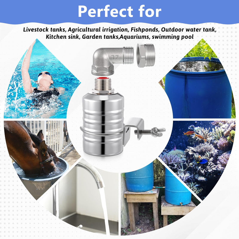 2 Packs 304 Stainless Steel Float Valve Automatic Water Level Control Float Valve 1/2" To 3/4'' Auto Shut off Water Tank Floats with Side/Top Entry for Fish Tank Swimming Pool Troughs
