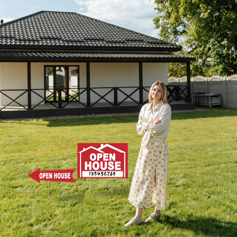5 Pack Open House Signs for Real Estate 3 Pcs 17"X12" Large Double Sided Yard Signs with Metal Stakes, and 2 Pcs Directional Signs with Arrow, Suitable for Agents Property Sale 17 x 12 inches