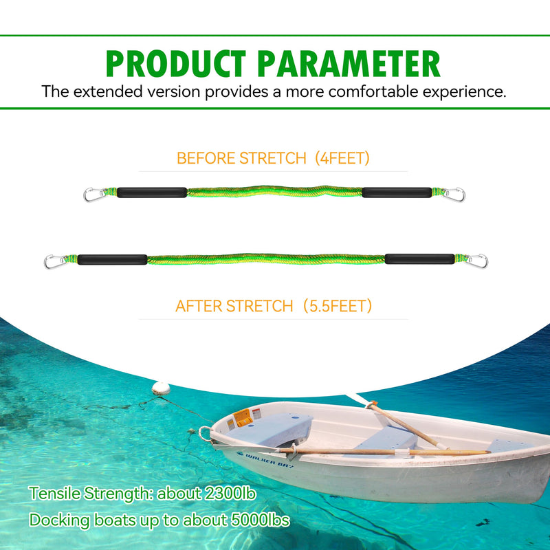 Bungee Dock Lines for Boats, Non-Sink Floating Rope with Double Hooks, Heavy Duty Boat Tie Downs for Dock for Pontoon Jet Ski (Green & Yellow, 4FT) Green & Yellow