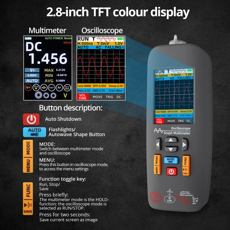 [Australia - AusPower] - Handheld Digital Oscilloscope Multimeter Voltage Tester 3-in-1,10MHz Bandwidth,48MSa/s Sampling Rate,Digital Multimeter with AC/DC Voltage,Current,Capacitance & Resistance Measurement 