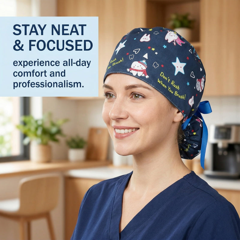 Nurse Caps, 1 Scrub Cap for Women with Buttons and Sweat-Absorbing Headband - Adjustable Surgical Cap Suitable for Long Hair