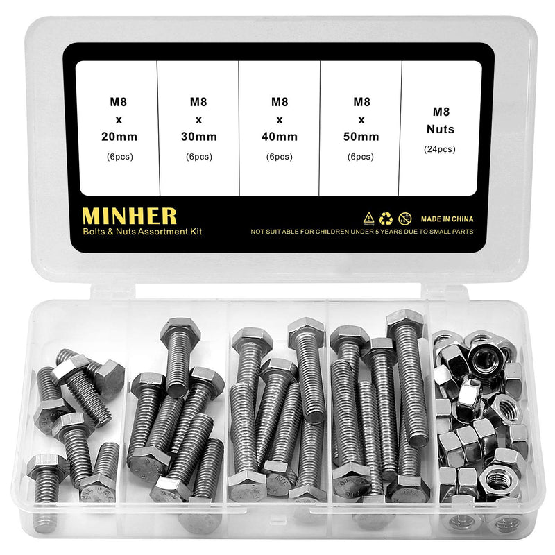 [Australia - AusPower] - M8 Hex Head Screws Bolts and Nuts Set, 304 Stainless Steel 18-8, Full Thread, Bright Finish, Machine Thread (20mm 30mm 40mm 50mm) M8 