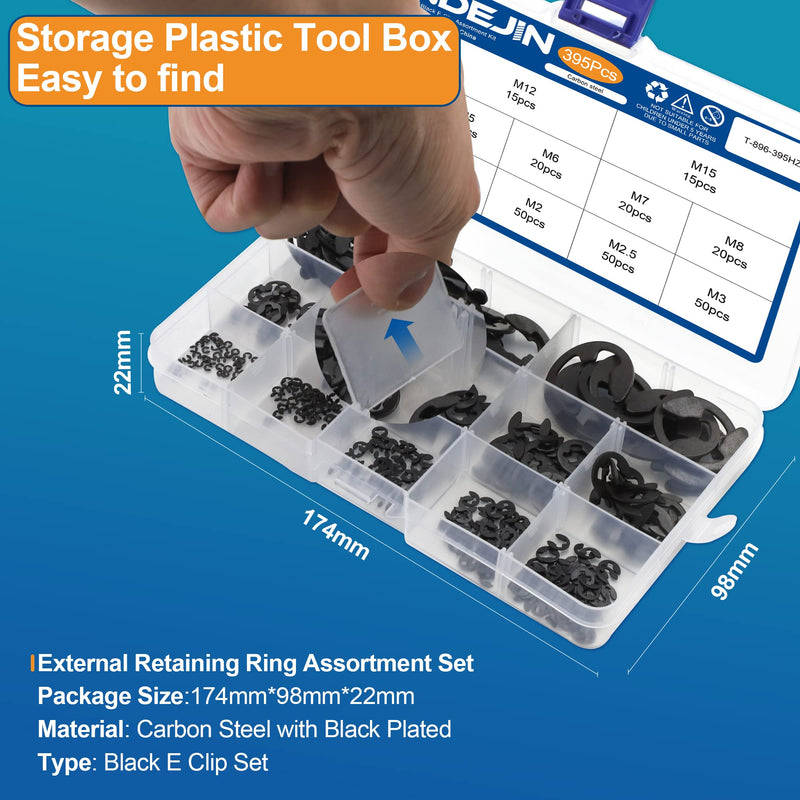 [Australia - AusPower] - NINDEJIN 395PCS Retaining Rings E-Clip Assortment Set, 13 Sizes, Carbon Steel External Snap Ring, E-Clips Retainer Circlip Rings for Projects - Gears Pulleys Axles Shafts and Other Moving Parts E-Clip Carbon Steel (395 pcs) 