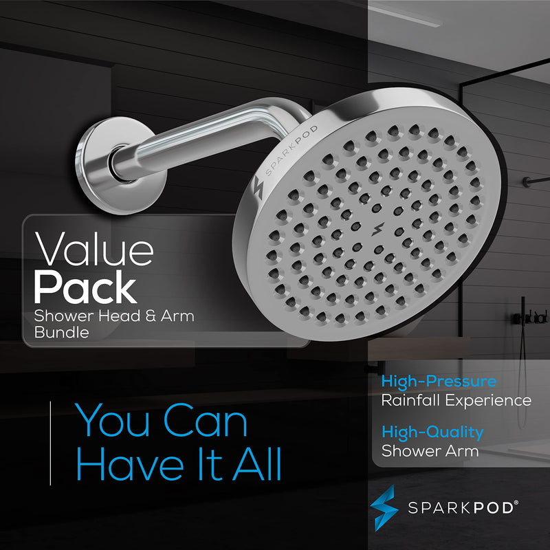 SparkPod 6" High Pressure Rain Shower Head with 9" Shower Arm - High Pressure Rain - Luxury Modern Look - Rainfall Experience - No Hassle Tool-less 1-Min Installation (Luxury Polished Chrome) Shower Head + 9 Inch Shower Arm