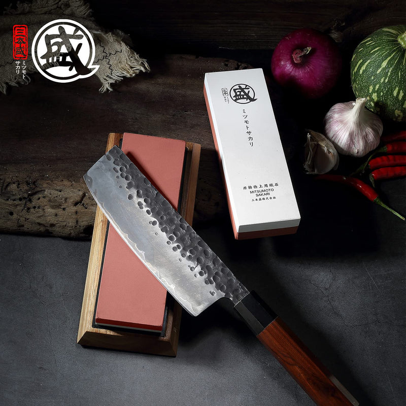 MITSUMOTO SAKARI Professional Japanese 1000/3000 Grit Sharpening Stone | Sharpening and Honing, White Corundum Whetstone, Controlled Water Absorption, Bamboo Base, Kraft Box