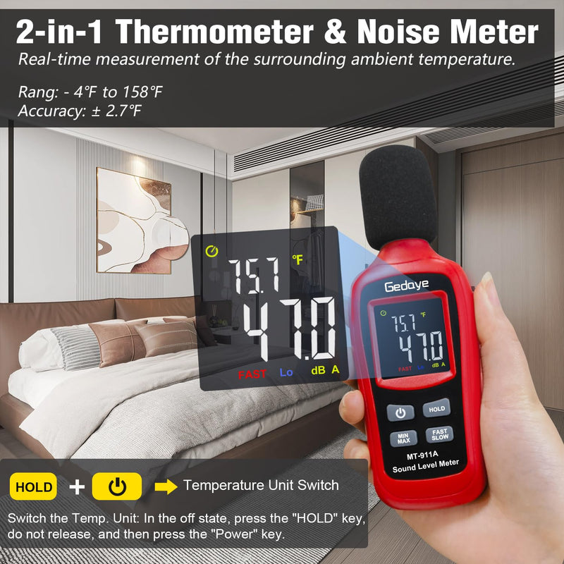 [Australia - AusPower] - Noise Decibel Meter, Gedaye Sound Level Meter Range 35-135dBA, SPL Meter with A Weighted, Data Hold Max/Min, Fast/Slow, Color LCD Backlit Display, Noise Detector dB reader Monitor Audio Measure Device Red 