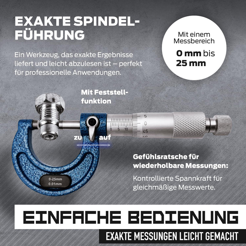 [Australia - AusPower] - MIB Outside Micrometer DIN 863, Painted Shackle | Precision Tool | Micrometer with HM Measuring Surfaces | Measuring & Plan Tools | Diameter Measuring Device | Measuring Range 0-25 mm | Includes 