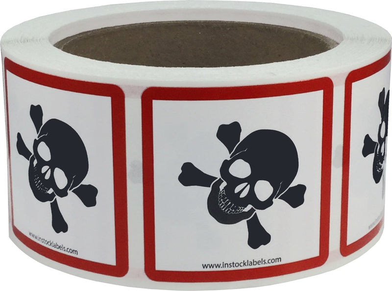 GHS Pictogram Labels Skull and Crossbones, 2 x 2 Inch Square Hazard Stickers, 500 Total Adhesive Labels on a Roll for Chemical Safety, GHS Compliance, and Workplace Labeling – Made in the USA