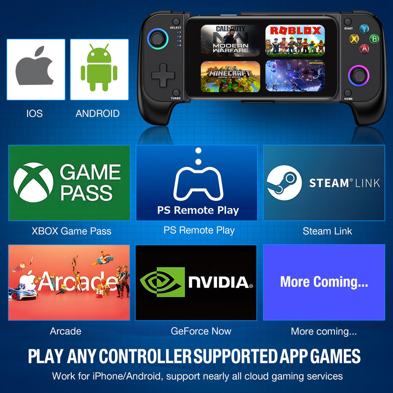 [Australia - AusPower] - Mobile Game Controller for iPhone and Android with RGB Light, Wireless Phone Controller with Phone Case Support Turn Your iPhone into a Gaming Console Play PS Remote Play, Xbox Cloud and More Use as Mobile Game Controller 