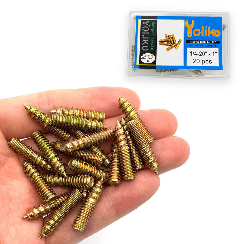 [Australia - AusPower] - 20 Pack 1/4-20 x 1 Inch Hanger Bolts 1/4-20" Double Headed Bolts 1/4 Wood Dowel Screw Self-Tapping Screw Hanger Bolts for Furniture Screws Double Screw Threaded Rods Bolt 25.4mm Length 1/4-20x1"-20Pcs 