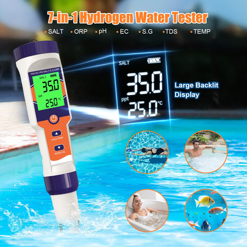 [Australia - AusPower] - 7-in-1 Digital Pool Salt Tester | pH, ORP, Salinity, TDS, EC, Temperature Meter for Saltwater Pools, Hot Tubs, Spas, Aquariums, Hydroponics，Saltwater Pool Tester Dark blue 