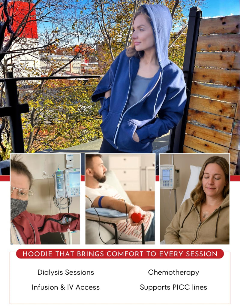 Inspired Comforts Dialysis Port Access Unisex Hoodie with Two Way Arm Access Zip Medium Navy