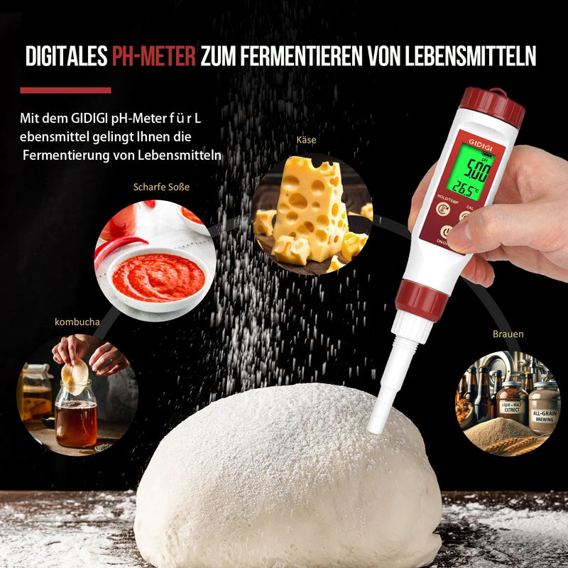 [Australia - AusPower] - pH Meter for Food, GIDIGI Digital pH Tester for Food, Precise pH Test Kits for Preservation with ATC, Professional pH Test Pen for Fermentation, Spear pH Probe for Bread Cheese 