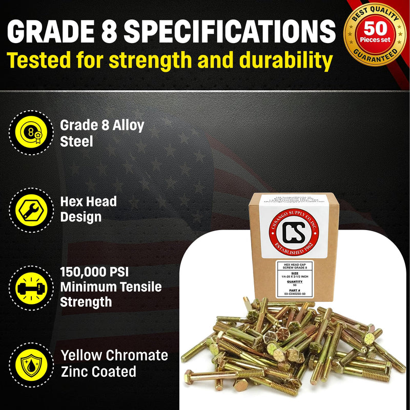 Chenango Supply 1/4-20 x 2-1/2" Grade 8 Hex Head Bolts – Alloy Steel, Yellow Chromate Zinc, USS Coarse Thread, 150,000 PSI Tensile Strength, High-Strength Hardware Bolts, (50 Pieces, 1/4-20 x 2.5 G8) 1/4-20x2-1/2 50pcs