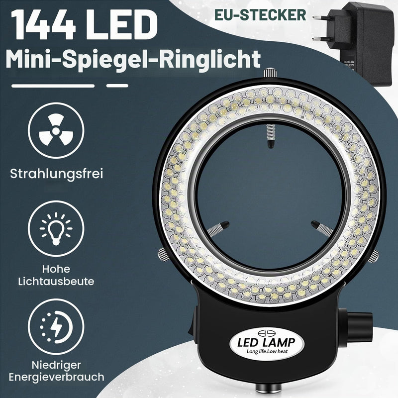 LED Microscope Ring Light, Optical Stereo Microscope Ring Light, 0-100% Brightness Adjustable, 6000 K Super Microscope Camera Lamp with 144 LED Beads, Jewelery Repair Lamp (EU Plug, Black)